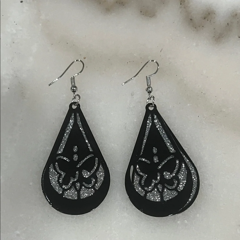 Black Teardrop Dangle Earrings Silver Glitter Filigree Lightweight Boho Chic
